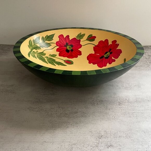 Sherwood Forest Red Opium Poppies Hand Painted Check Rim Maple Wood Salad Bowl - Picture 3 of 7